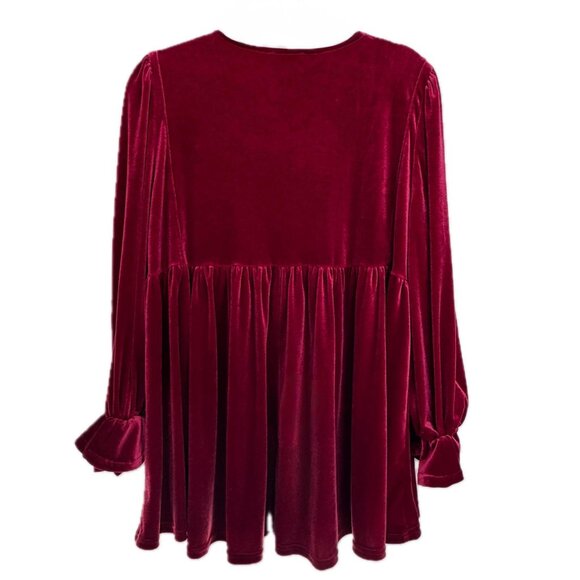 Umgee BURGUNDY Dark Red L Velvet Smocked Ruching Blouse - Picture 2 of 10
